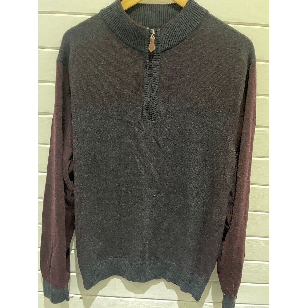 Mens XL Modango Milano burgandy gray 1/4 zip wool golf sweater elbow patch
